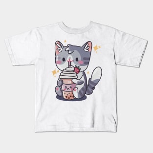 Boba Cat - Kawaii Cat sipping Bubble Tea Kids T-Shirt